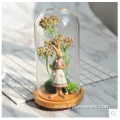 Handmade Blown Clear Flower Glass dome Wood Base